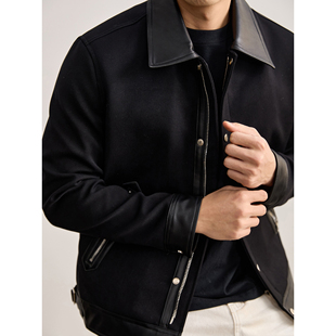 LUUD 高级感酷黑拼料设计皮革领夹克金属拉链双门襟痞帅外套潮男