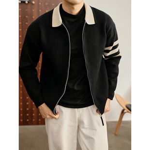 LUUD 美式潮牌三条杠拼色针织开衫莱赛尔天丝撞色翻领休闲外套男