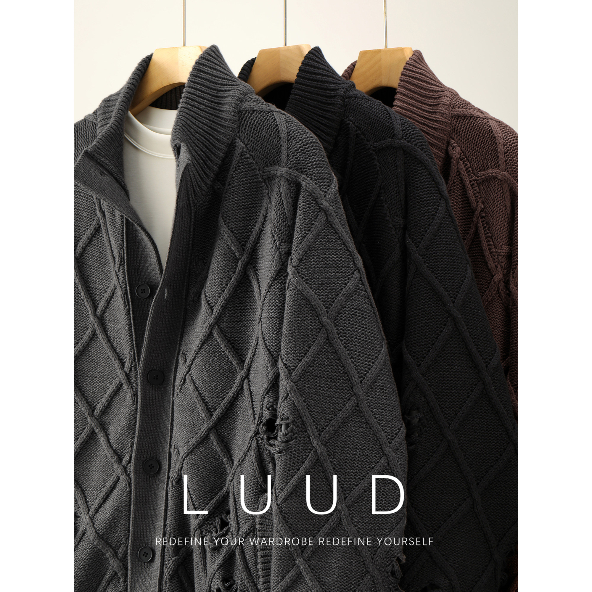 LUUD 复古慵懒90鸭绒罗纹针织外套立体菱格纹破洞设计羽绒服男冬