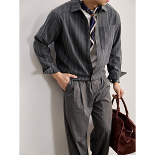 衬衣外套 拼接扣点缀老钱风男士 LUUD 轻奢松弛感色织条纹翻领衬衫