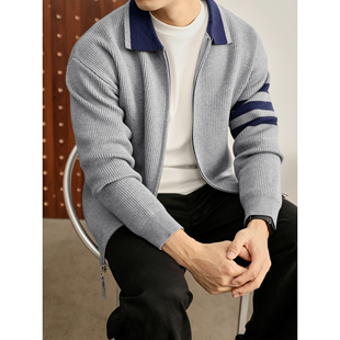 LUUD 曲线坑条肌理拼色针织外套 莱赛尔天丝撞色翻领拉链外套男士