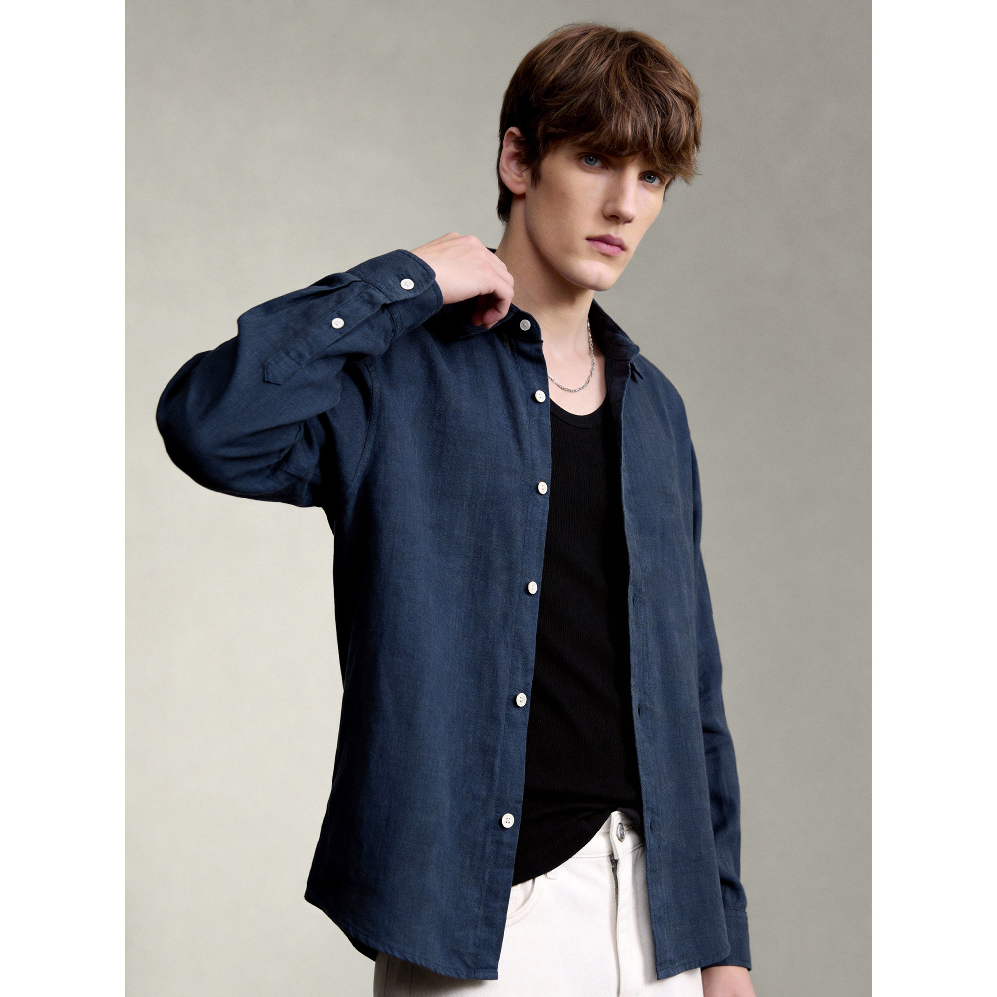 LUUD 春夏季亚麻莱赛尔天丝长袖衬衣极简风透气薄款翻领衬衫男士