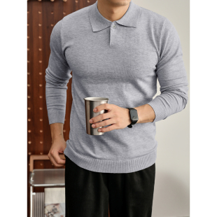 秋冬羊毛混纺抗起球修身 男士 翻领毛衣 一粒扣纯色针织POLO衫 LUUD