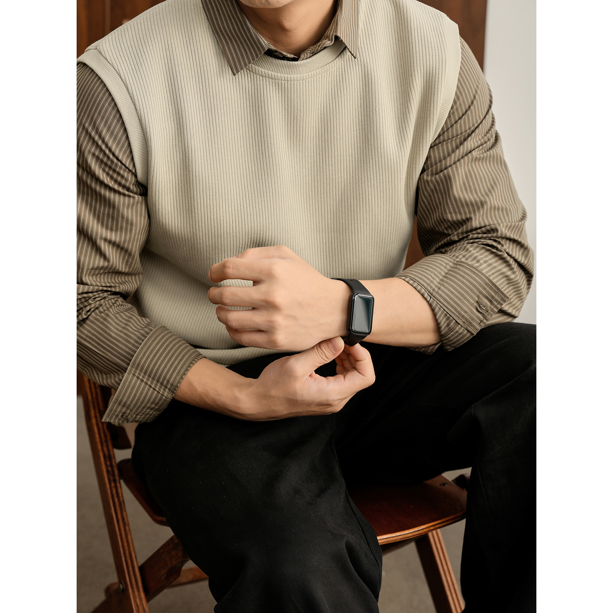 LUUD 时尚韩系坑条肌理假两件上衣男条纹衬衫拼接针织老钱马甲衫