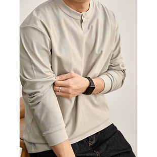 LUUD T恤 水洗棉横纹肌理感一粒扣亨利领卫衣男春简约休闲百搭长袖