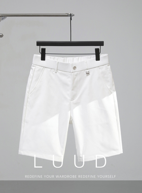 LUUD 时尚白色直筒短裤男士夏季粗斜纹休闲裤潮流简约修身中裤子
