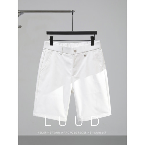 LUUD 时尚白色直筒短裤男士夏季粗斜纹休闲裤潮流简约修身中裤子
