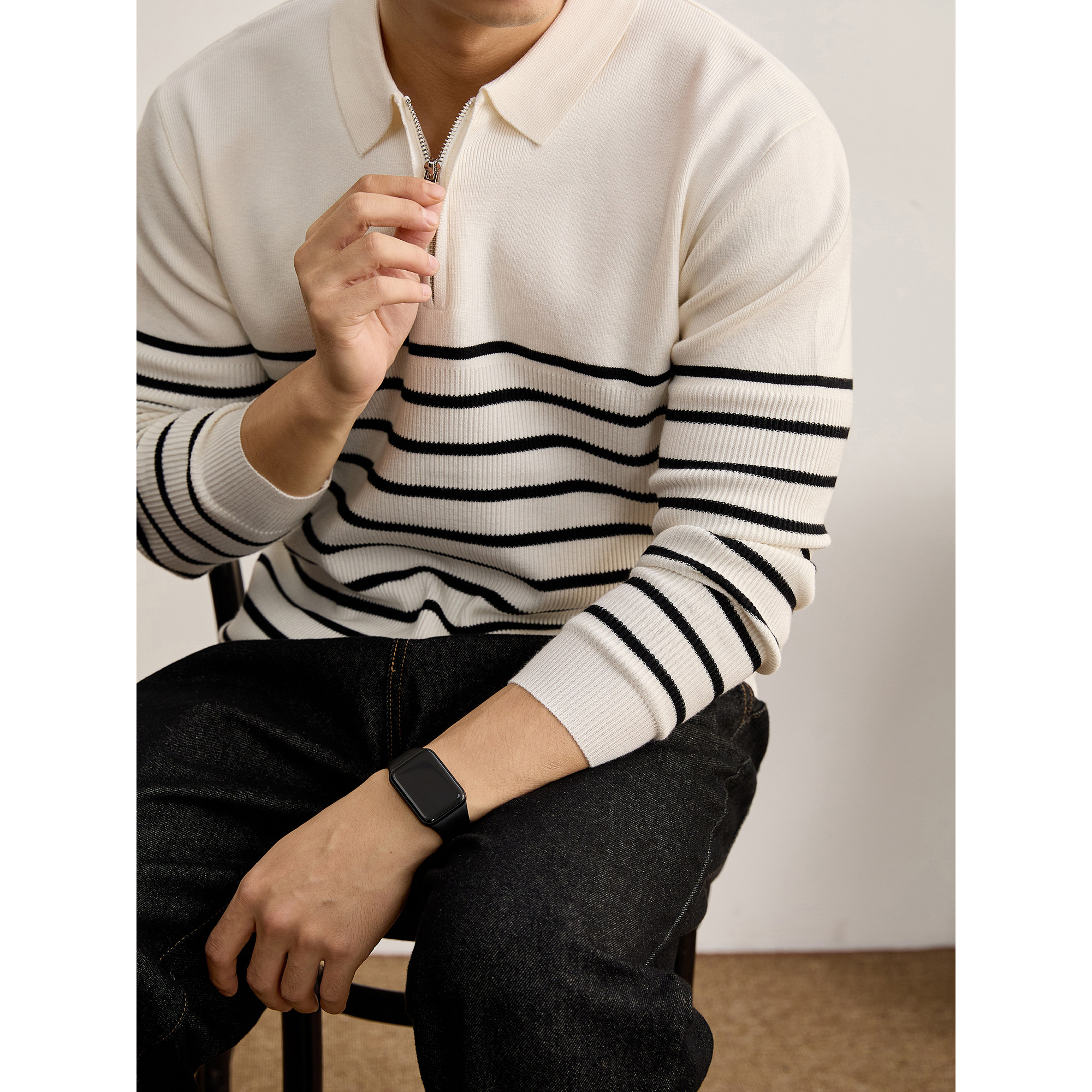 LUUD 韩系极简风条纹撞色针织POLO衫男士秋冬季软糯细腻翻领毛衣,男装,针织衫/毛衣,淘宝优惠券,粉丝福利购,淘宝优惠卷