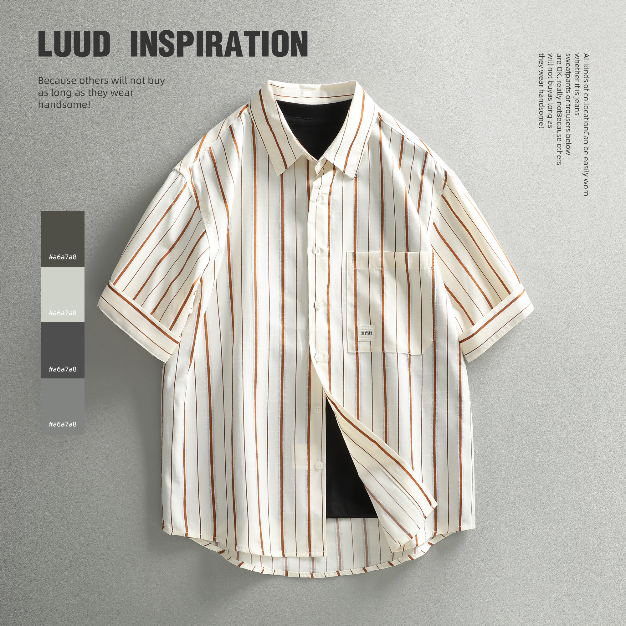 LUUD 韩风小清新竖条纹短袖衬衫潮牌痞帅设计感高级休闲男士衬衣