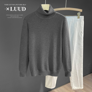 LUUD 冬日温暖软糯碳灰色绵羊毛毛衣男士头套可翻高领针织上衣