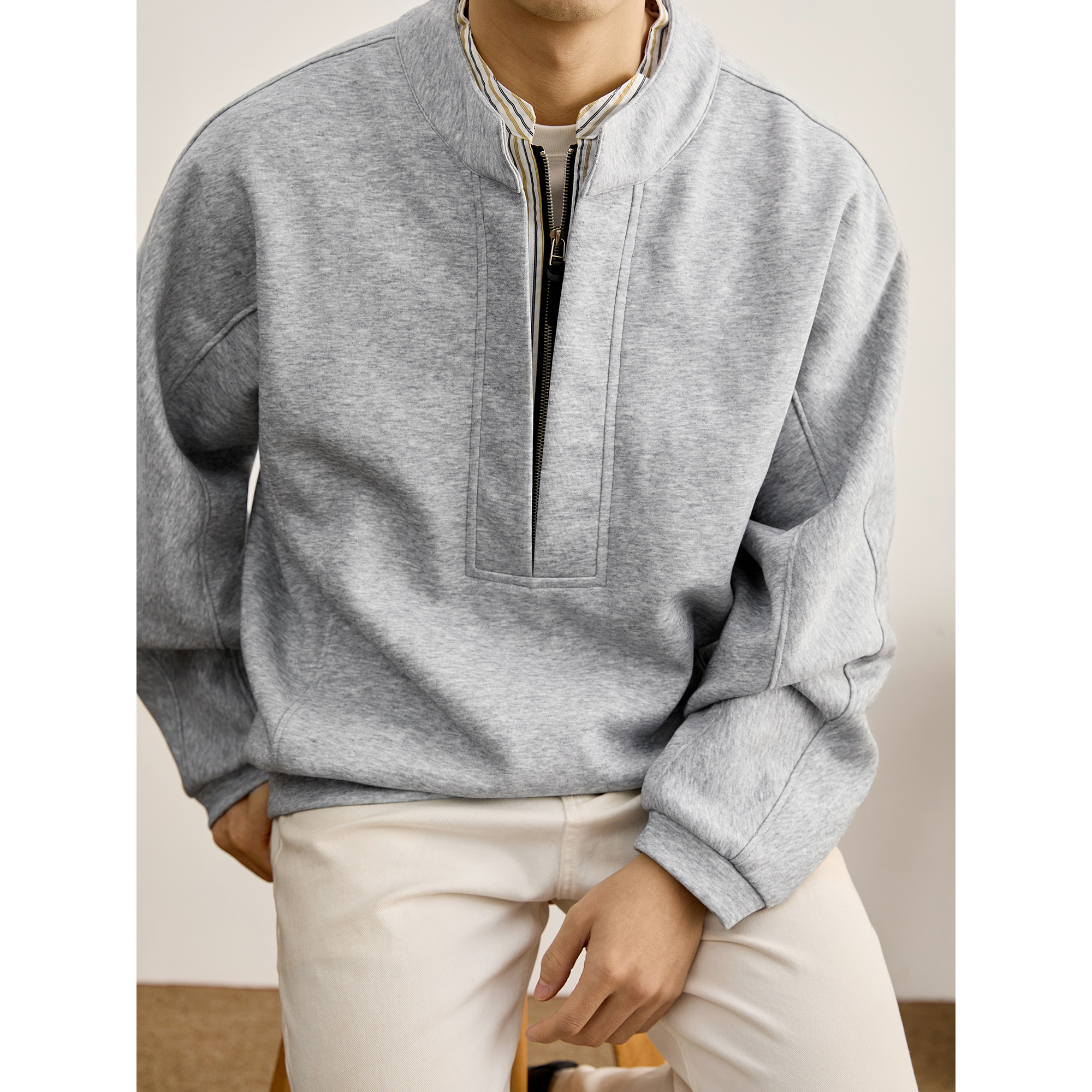 LUUD 假两件半拉链双层立领长袖男士时尚潮流叠穿感条纹拼接卫衣