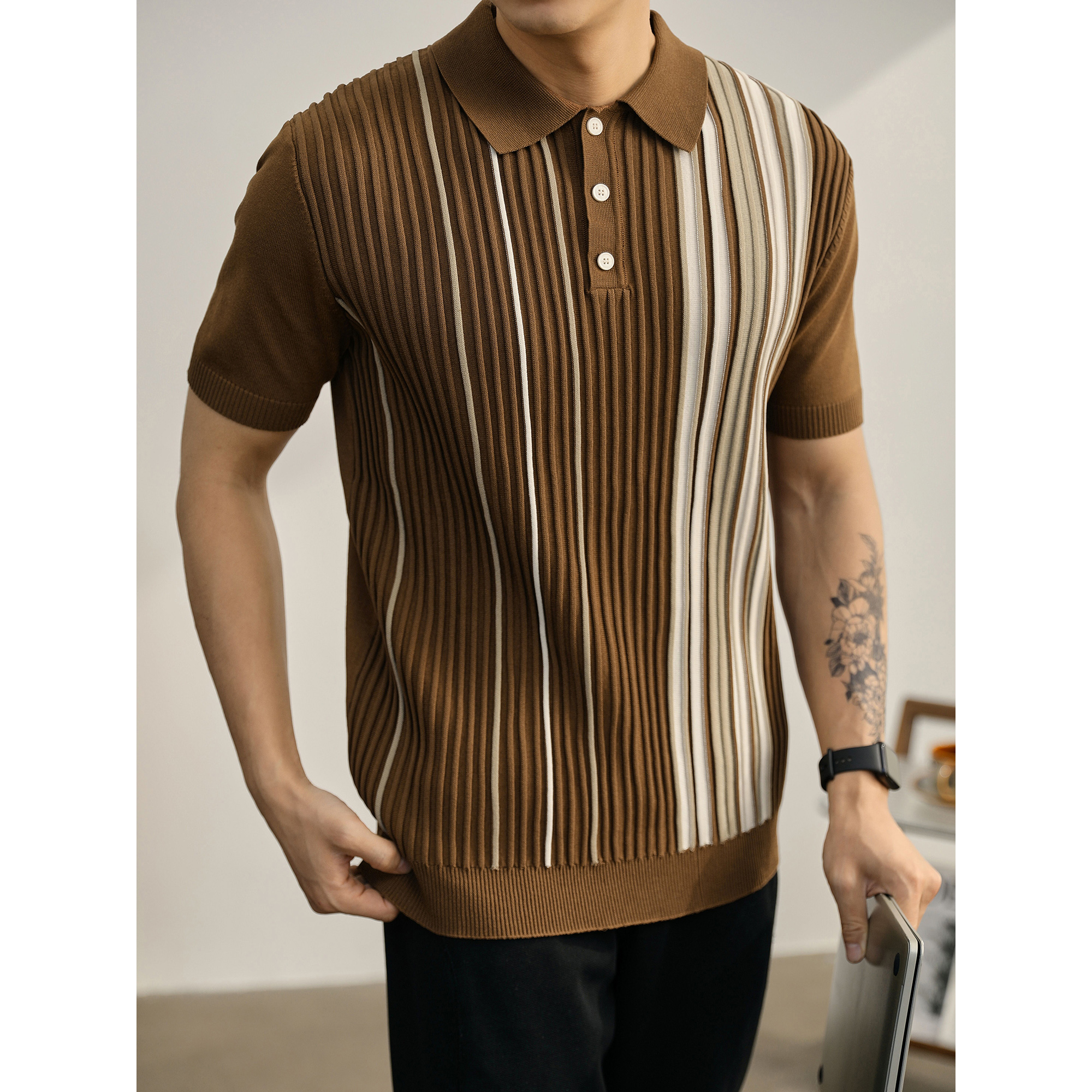 LUUD 复古怀旧风撞色坑条纹理感修身POLO衫男透气针织短袖保罗衫