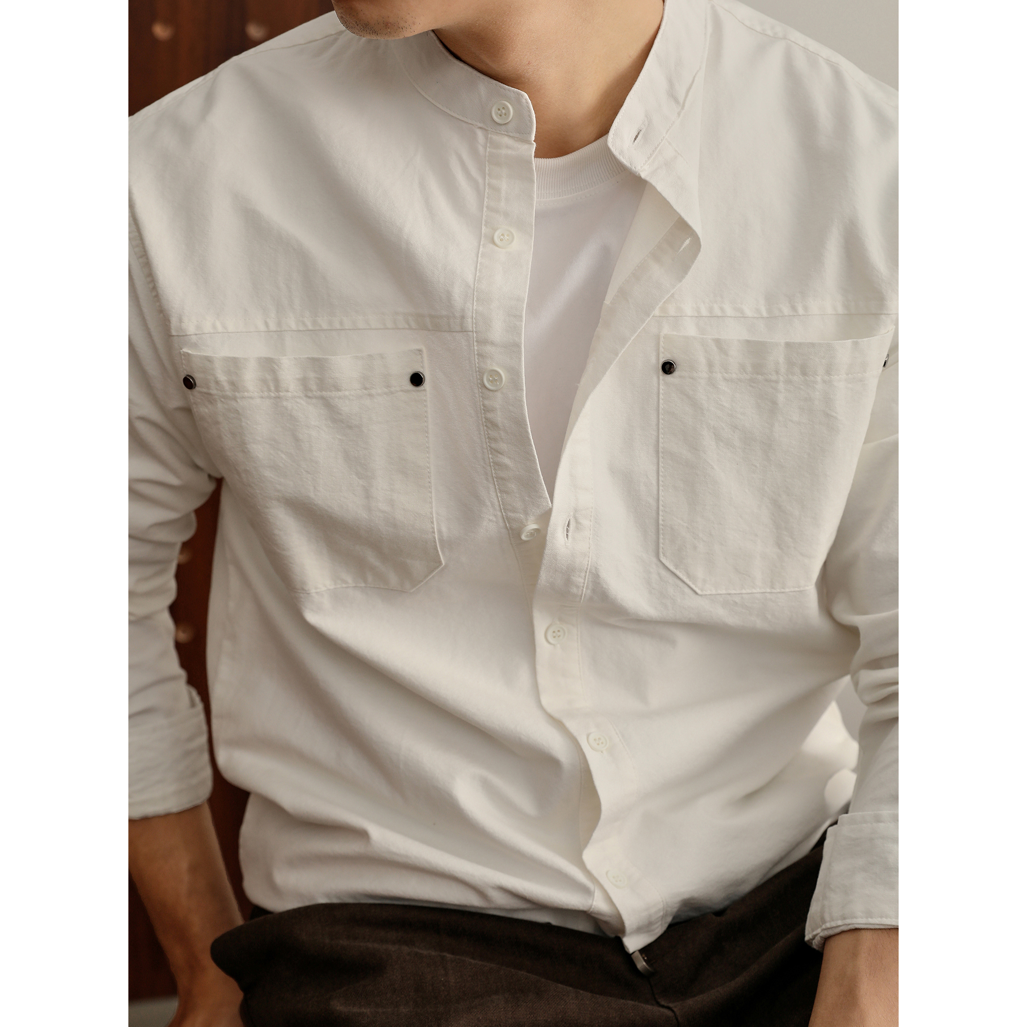 LUUD 时尚潮奢立领长袖衬衫100%纯棉金属铆钉双口袋衬衣外套男款