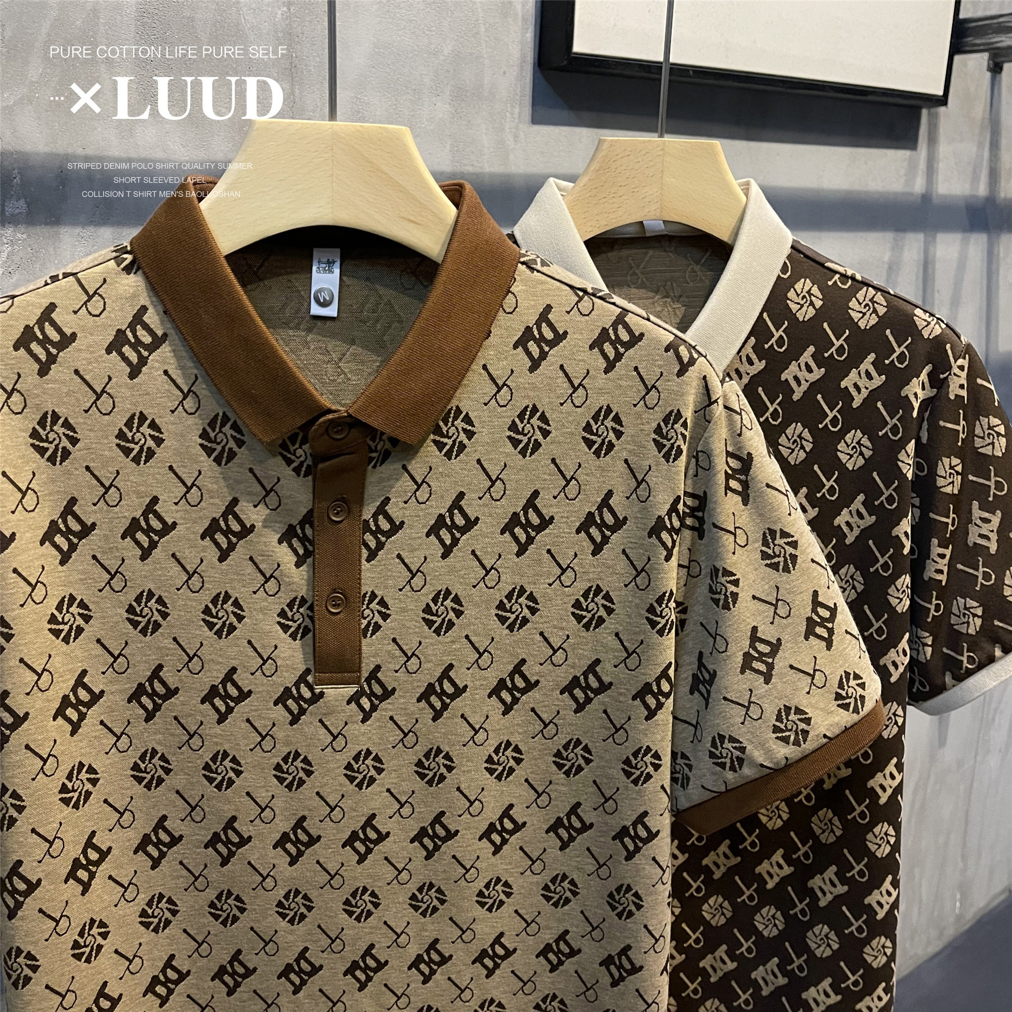 LUUD MENS OLD MONEY STYLE RETRO PATTERN ALL-OVER PAUL SHIRT BRITISH TEMPERAMENT SHORT SLEEVE LAPEL POLO TOP SUMMER
