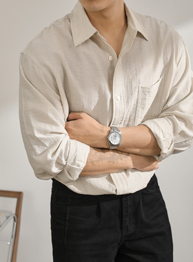 LUUD 轻奢气质感亚麻衬衫男士秋季薄款透气长袖棉麻微阔翻领衬衣