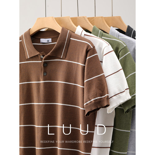 LUUD 美式老钱风水洗棉翻领短袖针织衫男夏季撞色条纹套头POLO衫