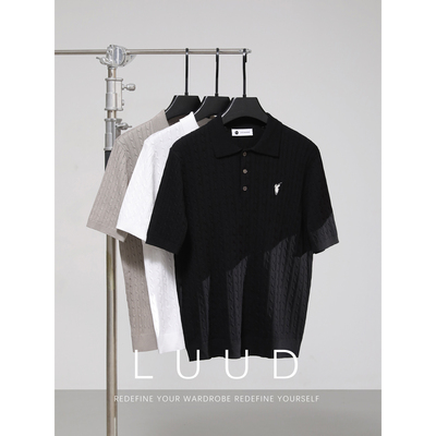 LUUD 雅奢骑士刺绣绞花羊毛混纺针织短袖男松弛拉夫感翻领Polo衫