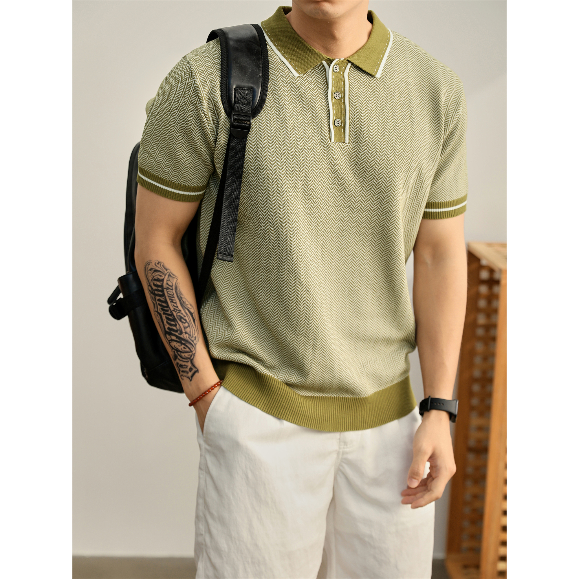 LUUD 冰凉纱针织撞色翻领保罗上衣透气休闲短袖T恤箭头纹提花男装