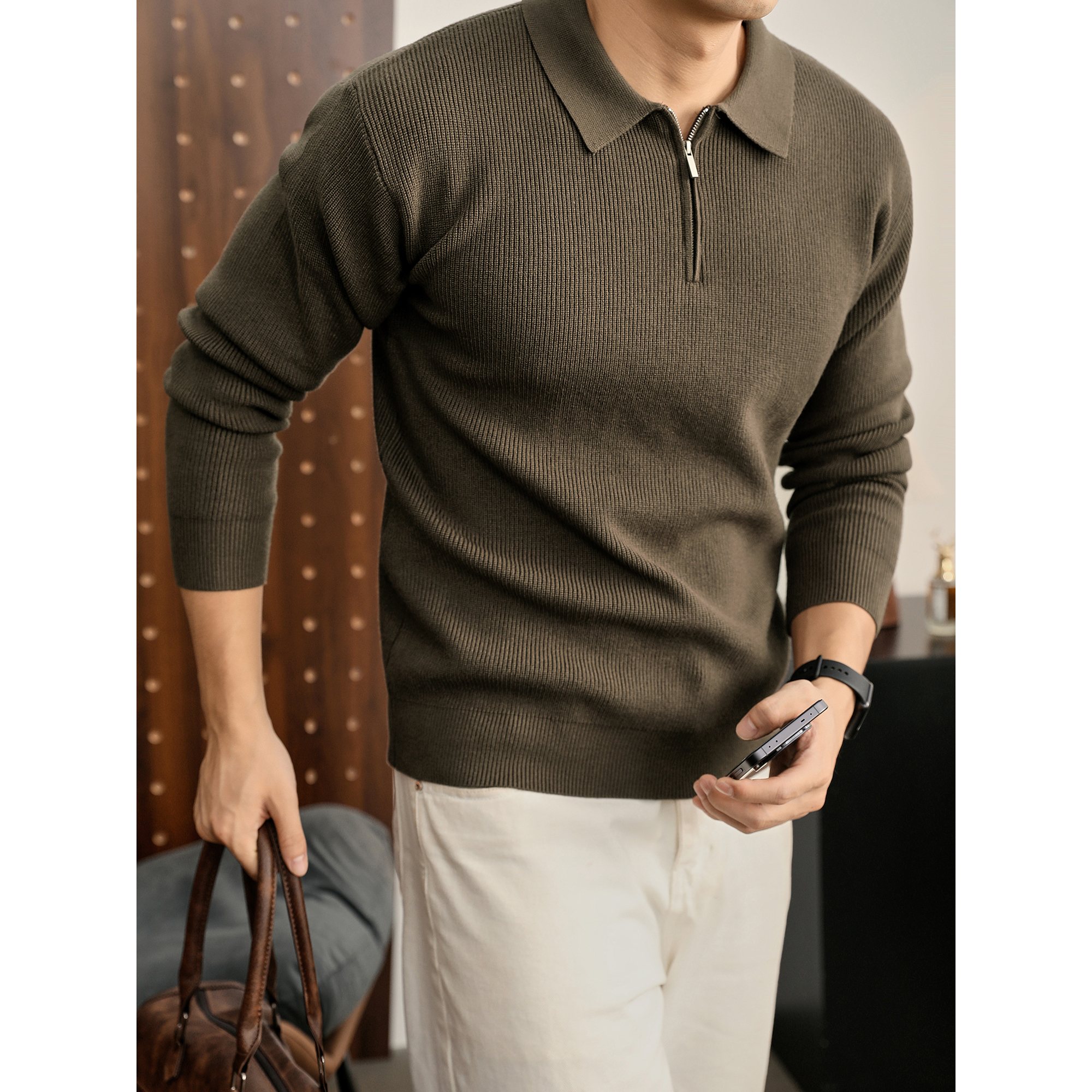 LUUD 莫代尔保暖抗起球男士POLO衫秋冬儒雅奢华半拉链翻领针织衫