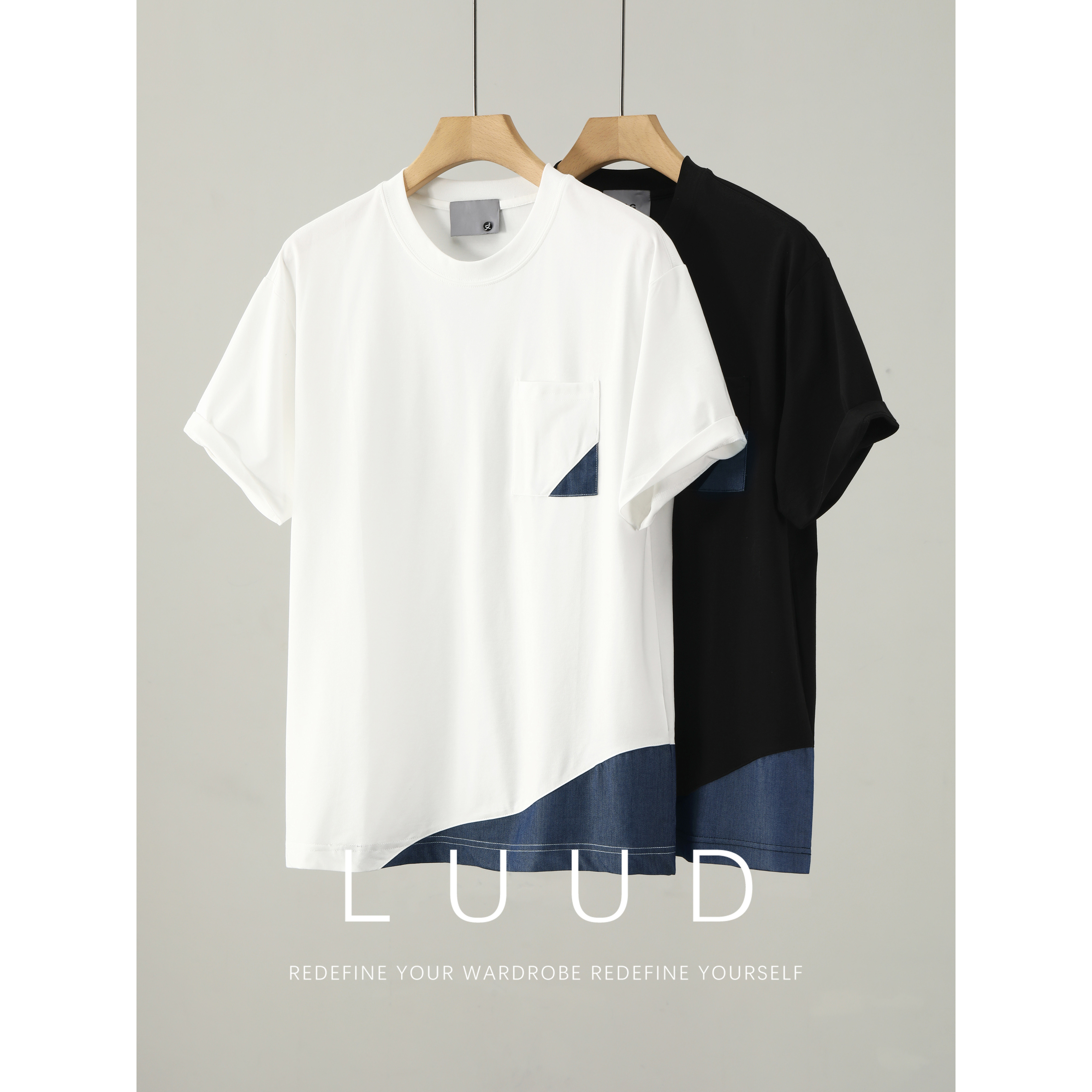 LUUD Cleanfit极简风男士圆领T恤夏季撞色牛仔布拼接设计短袖上衣