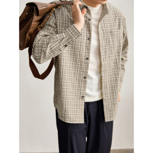 男春季 衬衫 森系文艺感格纹衬衣外套100纯棉水洗工艺翻领长袖 LUUD