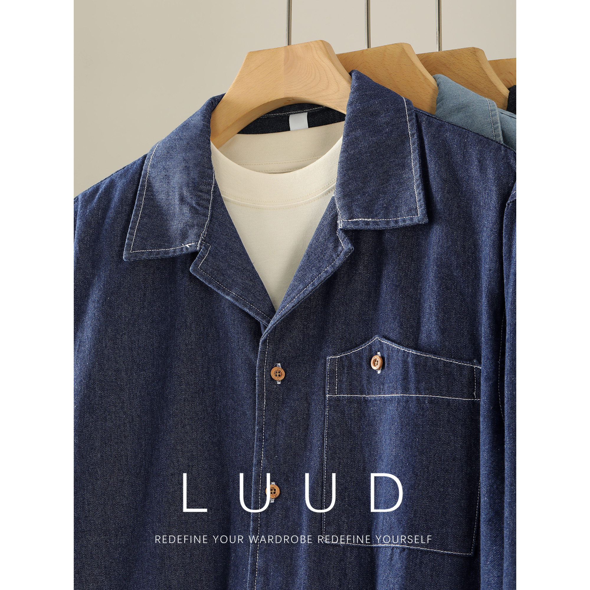 LUUD 日系复古男秋季古巴领牛仔长袖衬衫辑明线100%纯棉衬衣外套