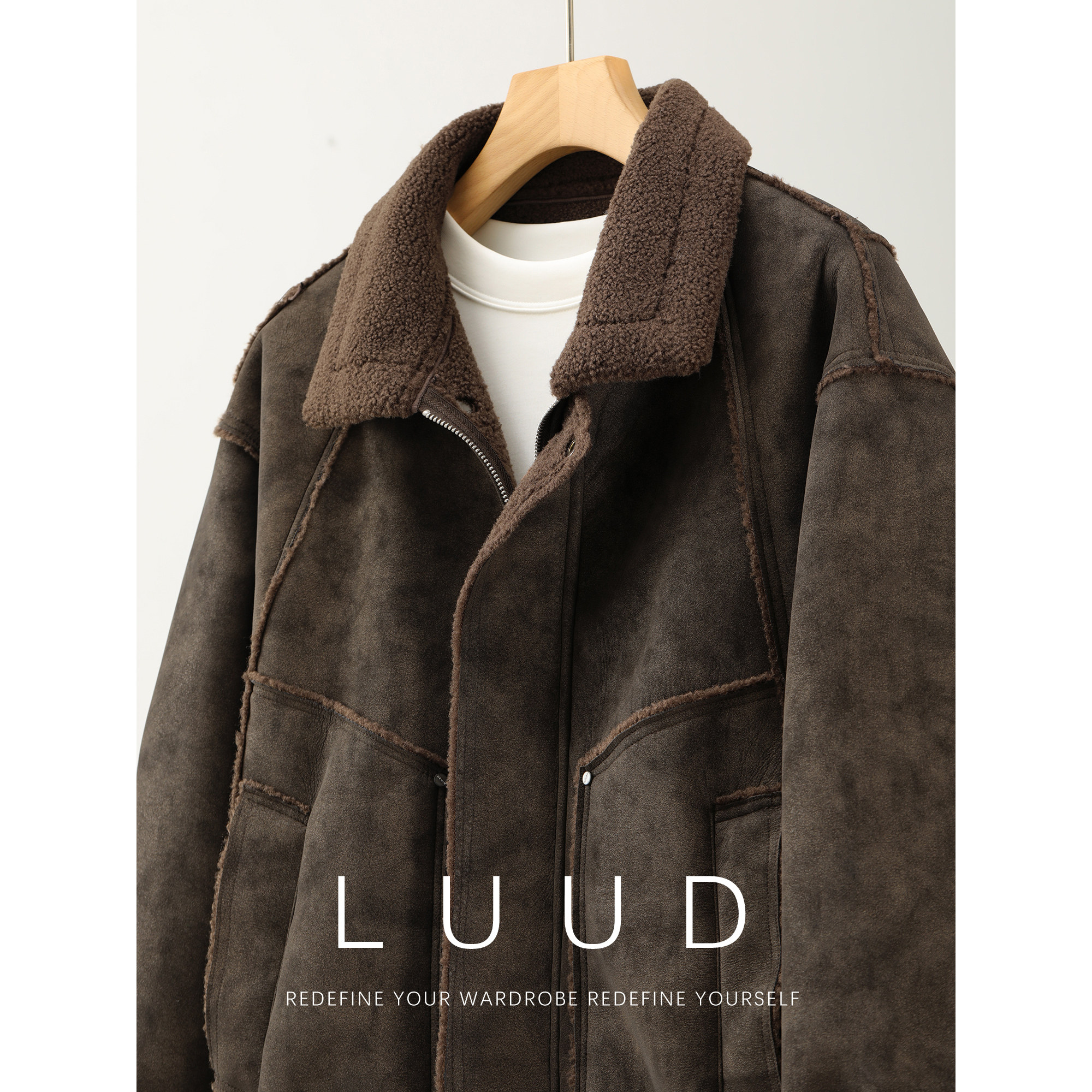 LUUD 复古做旧皮毛一体短宽外套男装重磅拼接皮衣保暖羊羔绒夹克