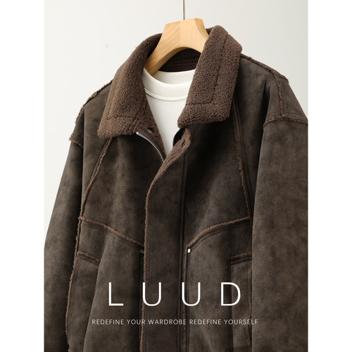 LUUD 复古做旧皮毛一体短宽外套男装重磅拼接皮衣保暖羊羔绒夹克