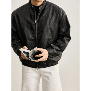 LUUD 格纹内里痞帅机车风皮衣夹克 高质感涂层PU软皮立领外套男士