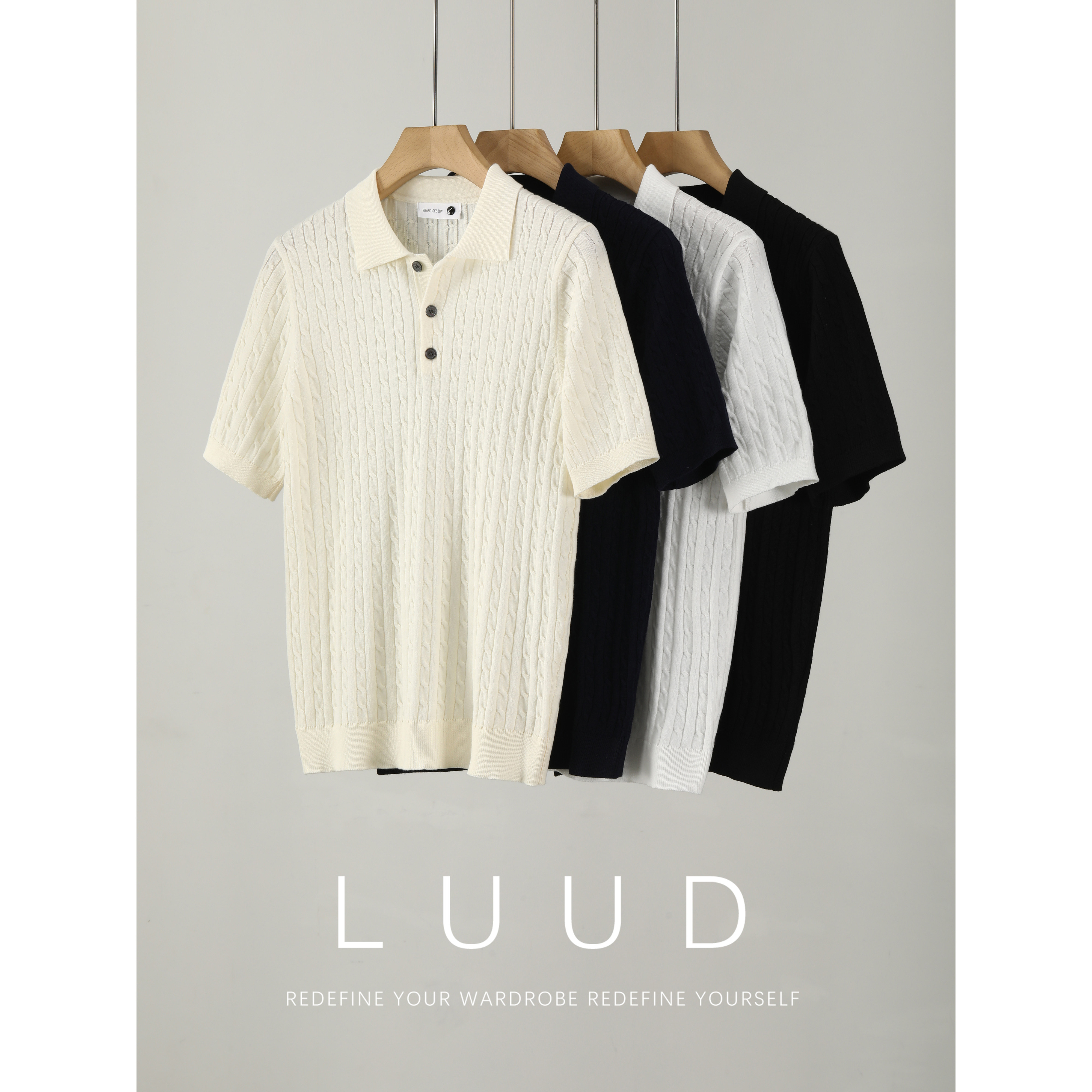 LUUD 羊毛混纺纯色极简风翻领短袖T恤夏季男士麻花肌理针织POLO衫