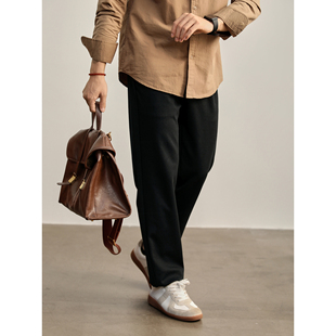 拼接腰带扣直筒长裤 LUUD 通勤百搭粗斜纹理半松紧腰西裤 秋季 男士