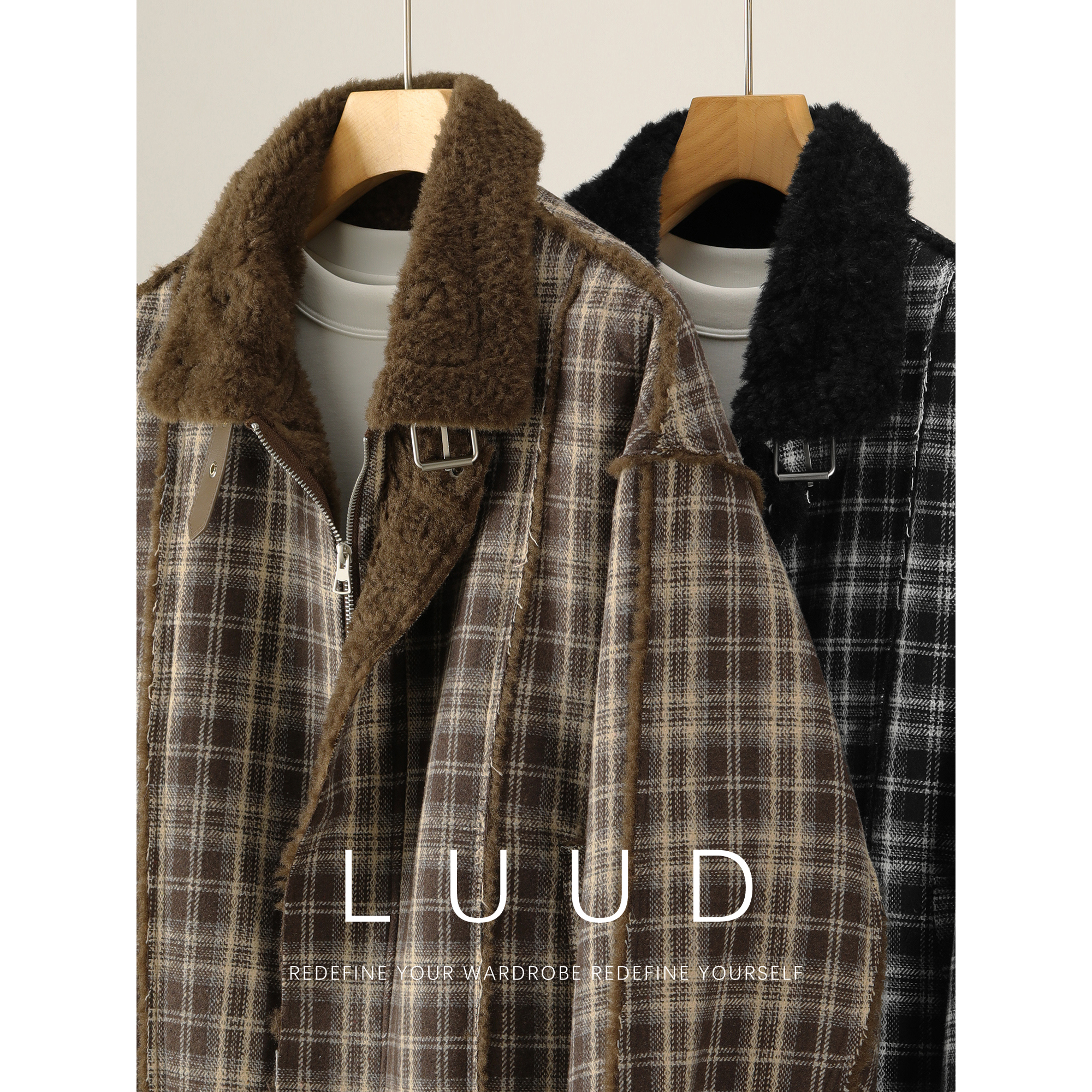 LUUD 复古格纹皮毛一体夹克男冬季金属皮带扣领加绒加厚保暖外套