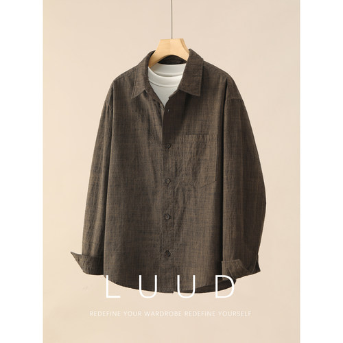 LUUD 新贵老钱风翻领衬衫男士春夏100%纯棉水洗竹节花纱衬衣外套
