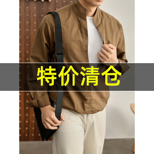 男 衬衫 特价 复古老钱假两件下摆前短后长立领半开襟亚麻混纺长袖