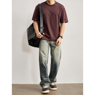 饰上衣T恤 男夏纯色极简铆钉装 LUUD 结构线设计酒红色微阔圆领短袖