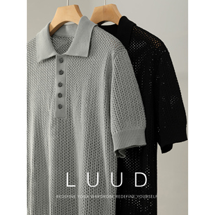 纯色老钱风慵懒氛围感POLO衫 LUUD 镂空提花冰爽丝针织翻领上衣男