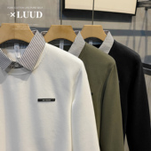 LUUD 提花条纹小标签针织卫衣男假两件拼接套头毛衣衬衫 翻领上衣