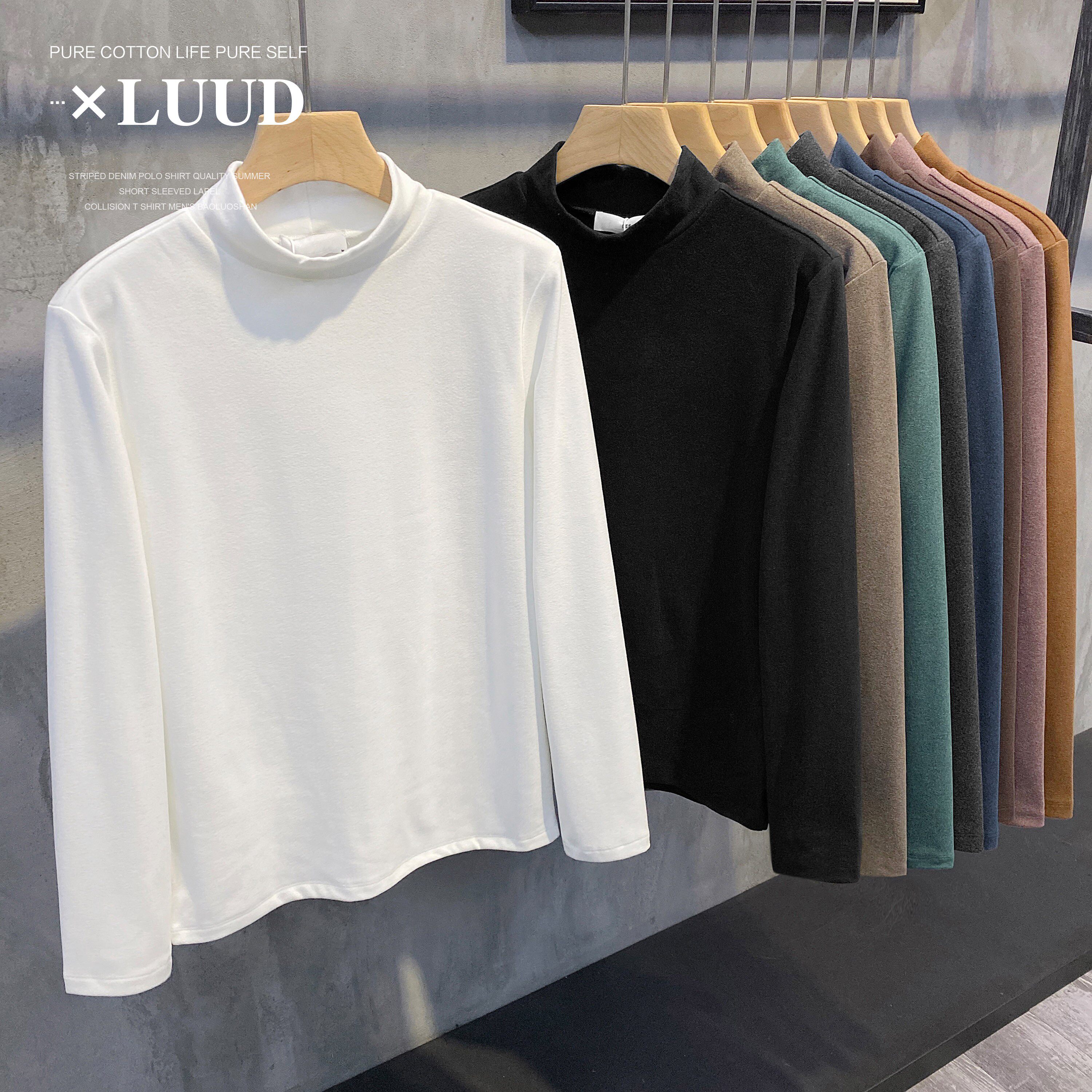 LUUD 양이온 피부 친화적인 양면 독일 벨벳 하프 터틀넥 바닥 셔츠 겨울 따뜻한 기모 미드 칼라 남성 티셔츠