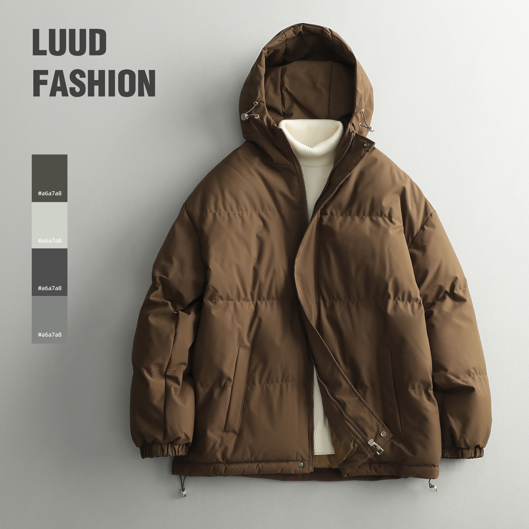 LUUD 男士棉服外套冬季新款加厚御寒潮牌面包服纯色保暖连帽棉袄