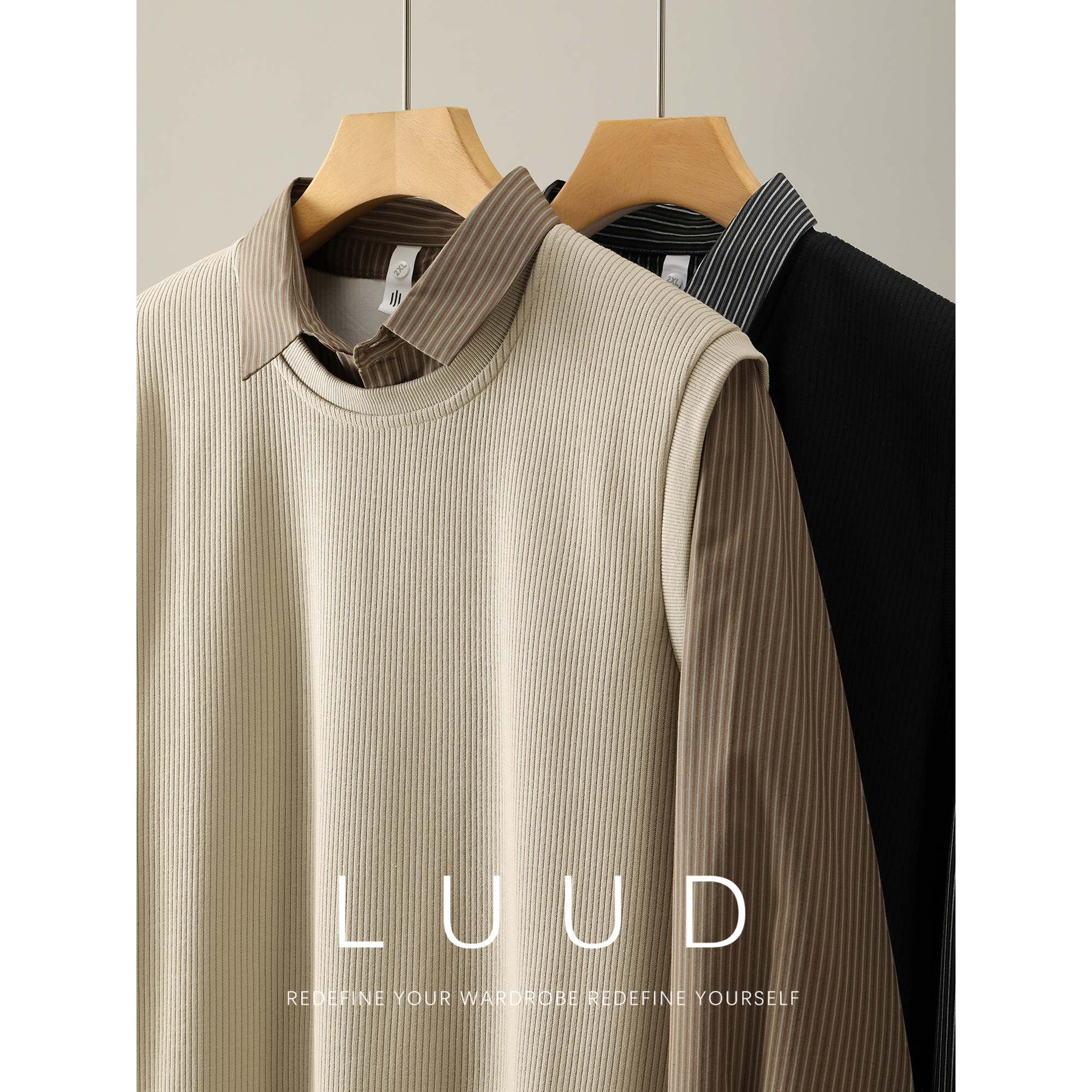 LUUD 假两件条纹衬衫拼接针织背心马甲男坑条肌理老钱风长袖卫衣
