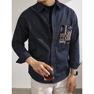 LUUD 220G纯棉斜纹拼接民族风口袋长袖衬衫男潮流痞帅小衬衣外套