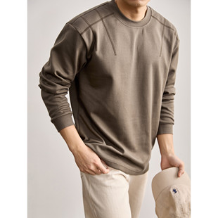 潮流百搭长袖 款 上衣 交叉反车辑明线230G圆领T恤卫衣男春季 LUUD
