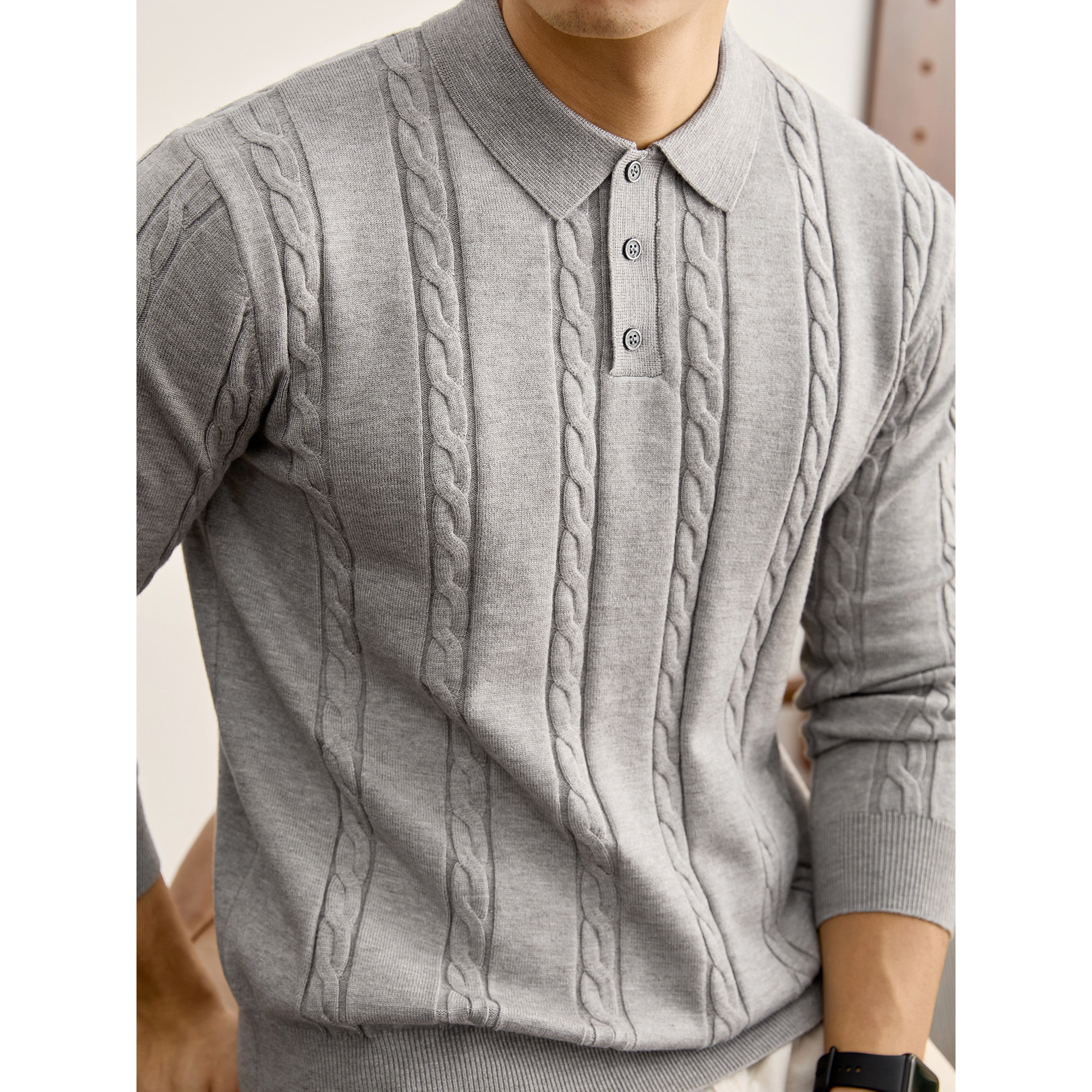 LUUD 美式复古老钱风立体绞花肌理翻领针织衫男秋冬季POLO衫毛衣