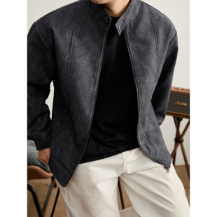 LUUD 复古行政纽扣立领设计休闲外套立体缝线结构防风PU皮夹克男