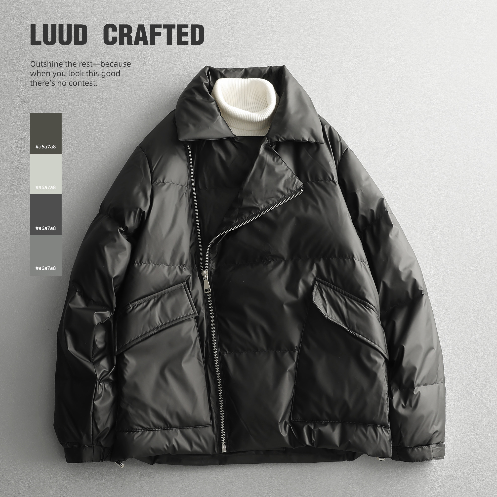 LUUD 轻奢设计感斜拉链羽绒服翻领pu皮面高级感85白鸭绒面包服男