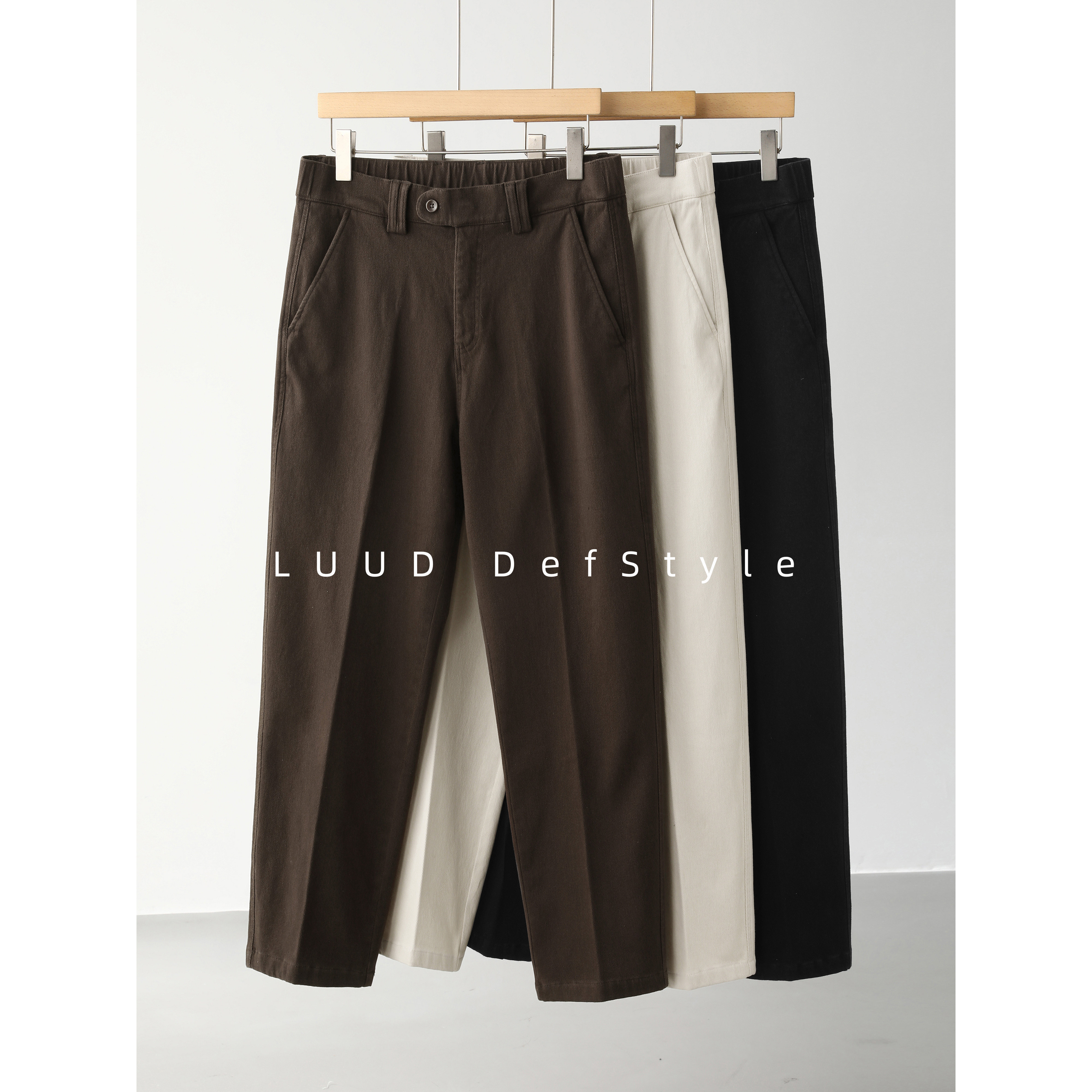 LUUD 斜纹肌理感半松紧腰纯色直筒长裤男莱赛尔混纺水洗棉休闲裤