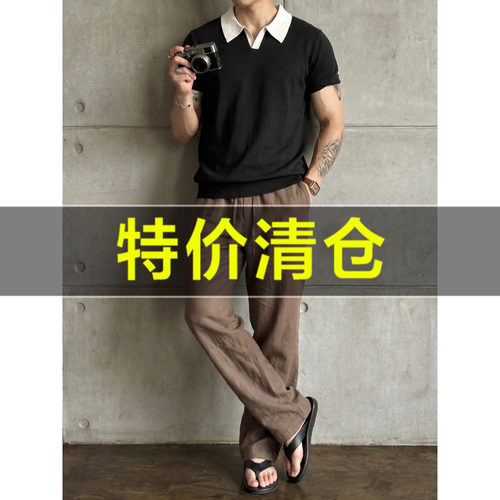 特价 天丝莱赛尔混纺亚麻撞色海鸥领针织POLO衫男夏通勤翻领短袖