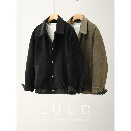 LUUD 美式复古85白鸭绒单排扣羽绒服外套男冬灯芯绒拼料翻领夹克