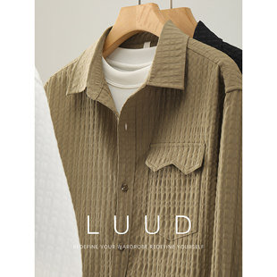 翻盖贴袋男士 LUUD 个性 衬衫 衬衣外套 立体压皱竖格纹泡泡肌理长袖