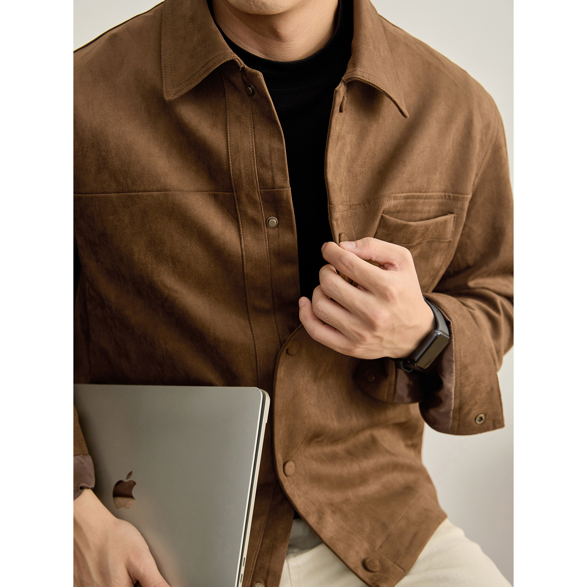 LUUD 时尚潮流麂皮绒工装夹克男士分割线结构单贴袋保暖翻领外套